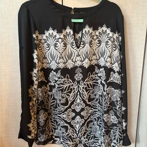 BCBGMaxAzria Black Blouse with White Lace-Print